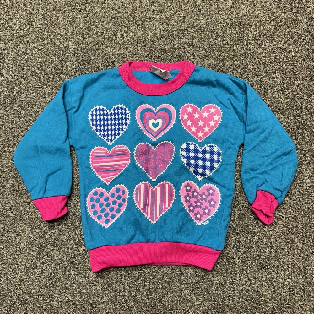 Vintage Girls Athletic Works Sweater Blue Pink Hearts 80s 90s Size 5 Kitschy